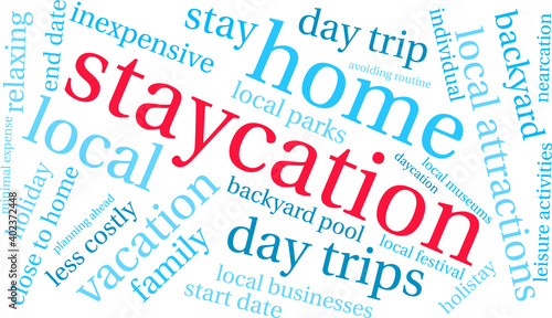 Staycation Word Cloud on a white background. 