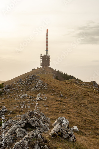 Peak Chasseral in the Swiss Jura mountains with signal tower 
