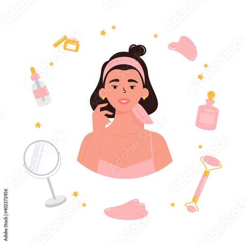 Young beautiful woman with bottle of face serum, facial gua sha stone,roller,mirror,cream. Facial yoga. Brunette woman massaging her face. Anti-aging skin care method. Vector flat illustration. 