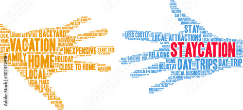 Staycation Word Cloud on a white background. 