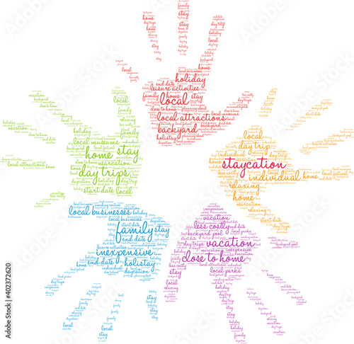 Staycation Word Cloud on a white background. 