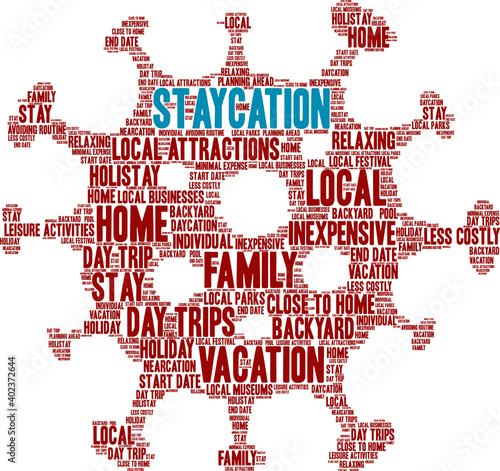 Staycation Word Cloud on a white background. 