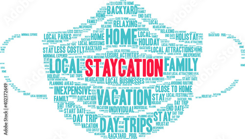 Staycation Word Cloud on a white background. 