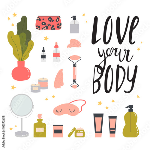 Beauty routine. Face and body skin care concept. Cleansing, moisturizing, treating, gua sha stone. Various cosmetics. Bathroom accessories. Hand drawn vector set. Illustration with lettering. 