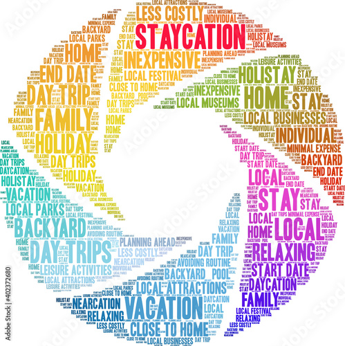 Staycation Word Cloud on a white background. 
