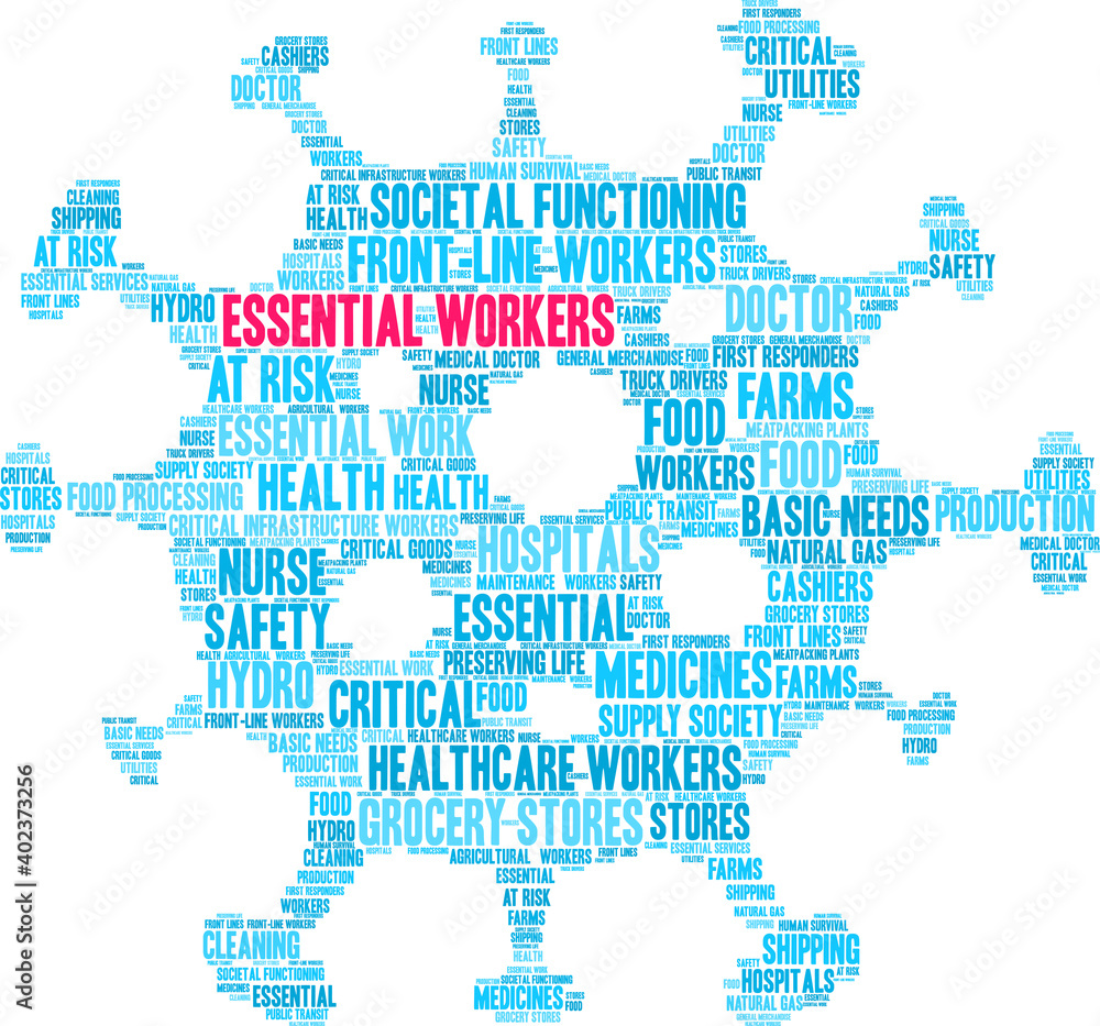 Obraz premium Essential Workers Word Cloud on a white background. 