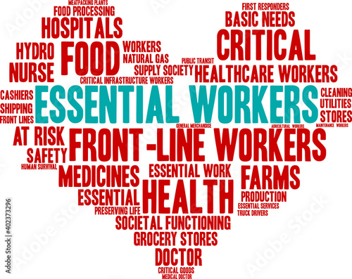 Essential Workers Word Cloud on a white background. 