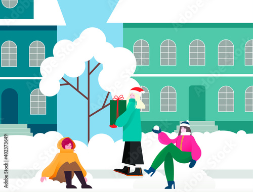 Winter design of girls playing in the snow.
Vector illustration of people carrying the spirit of Christmas celebrating the holiday in the snow.