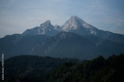 Watzmann peak summit alpine mountain range seen from Berchtesgaden Upper Bavarian alps Germany photo