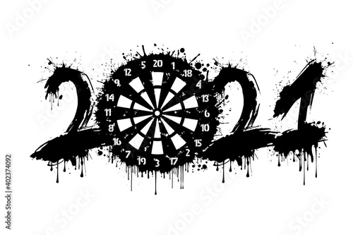 Abstract numbers 2021 and a dartboard made of blots in grunge style. 2020 New Year on an isolated background. Design pattern. Vector illustration