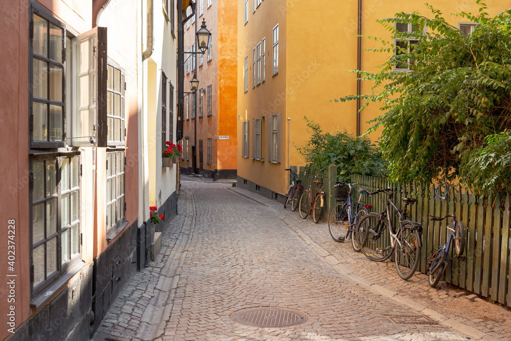 narrow street in the town of stockholm, gamla stan