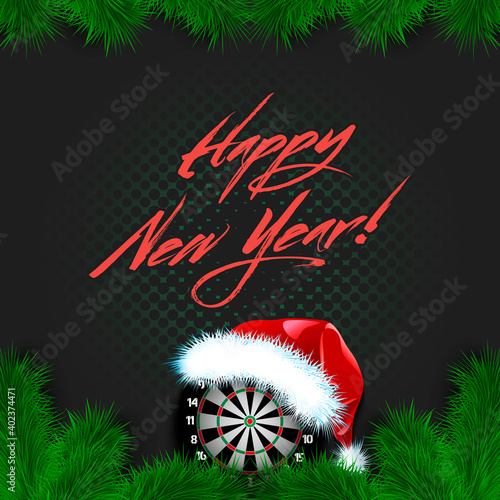 Merry Christmas and Happy New year. Dartboard in a santa hat with branches of a Christmas tree and snowflakes. Greeting card design pattern. Vector illustration
