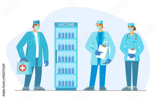 Vaccination concept. Male and female doctors with vaccines fridge.  2019-ncov vaccine medicine. Vector flat illustration.Can use for, landing page, template, web, homepage, poster, banner, flyer
