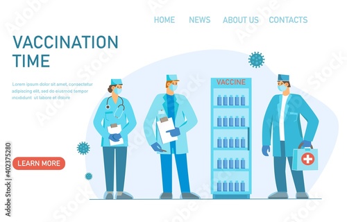 Male and female doctors with vaccines fridge.  2019-ncov vaccine medicine. Vaccination concept. Vector flat illustration.Can use for, landing page, template, web, homepage, poster, banner, flyer