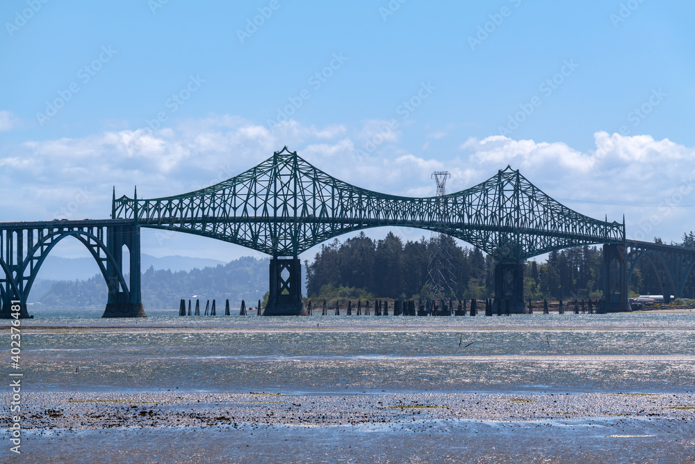 Silhouetted section of the McCullough Memorial Bridge near North Bend, Oregon, USA