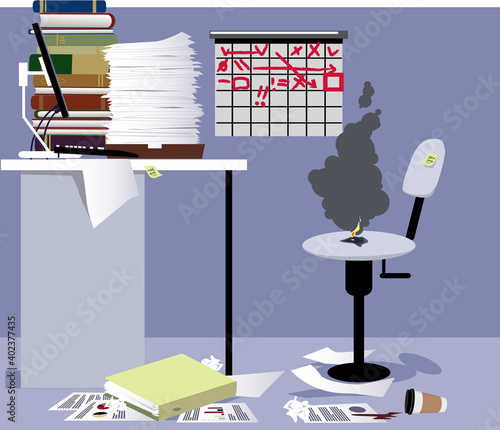 Empty workaholic's work station in an office, burned spot on a chair as a metaphor for a burnout at work, EPS 8 vector illustration