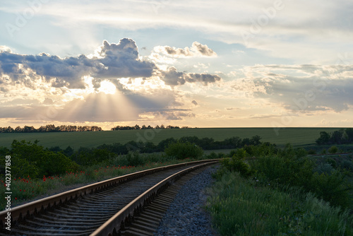 Railroad turns among the green trees in the summer