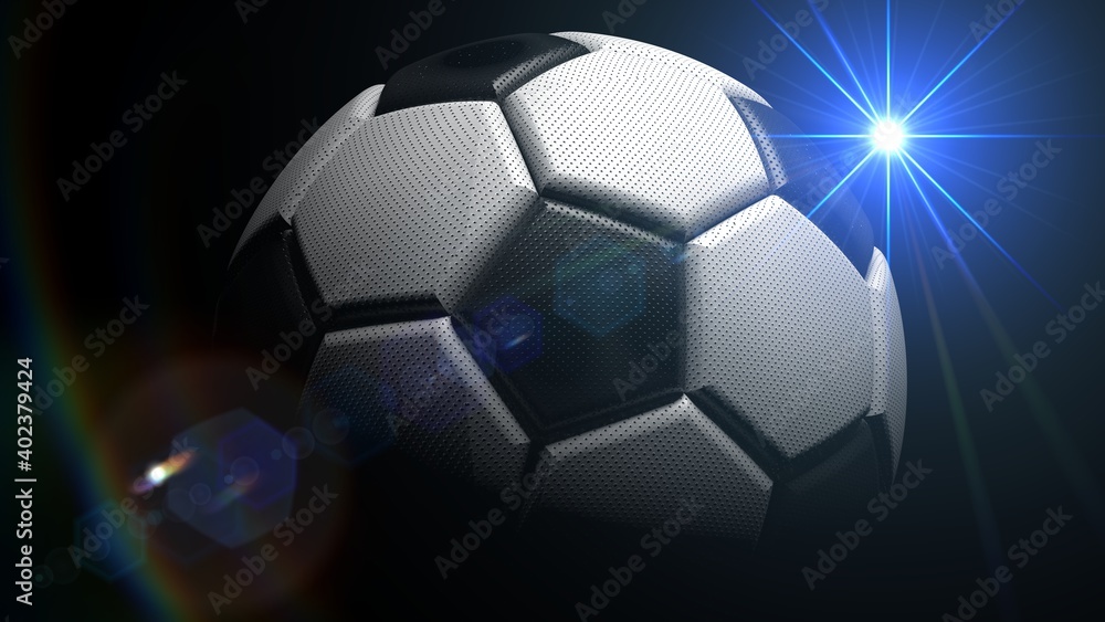 Naklejka premium Soccer ball with blue flash flare light under black background. 3D illustration. 3D CG. 3D high quality rendering.