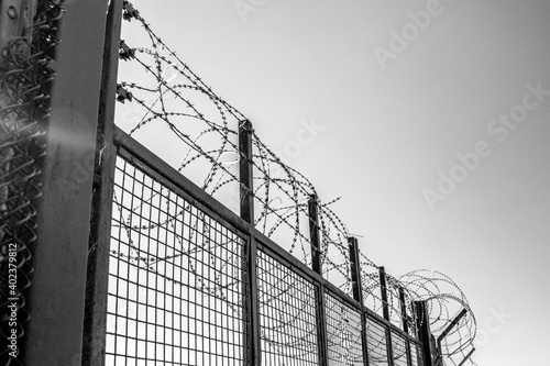 Razor wire fence at a military establishment in England