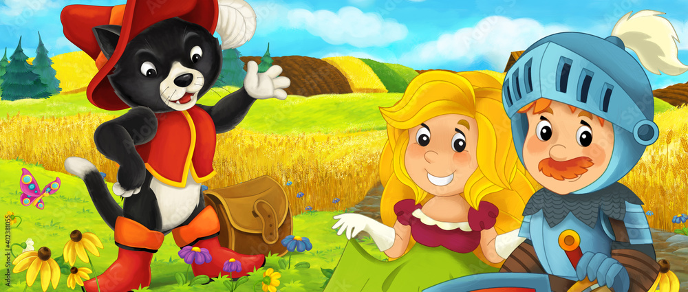 cartoon prince and princess on the farm ranch traveling meeting cat illustration cartoon prince and princess on the farm ranch traveling meeting cat illustration