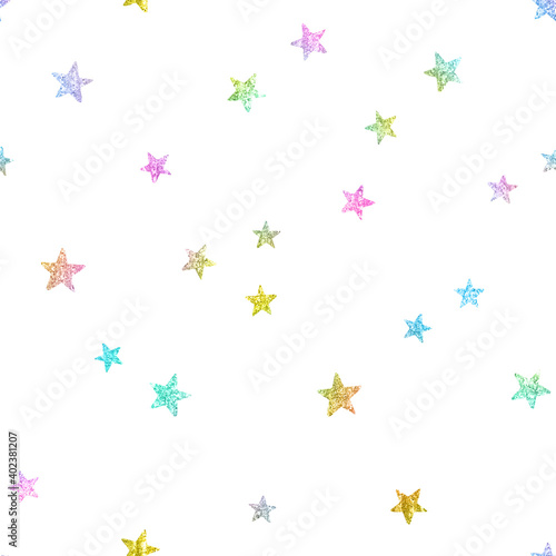 big rainbow glitter stars seamless pattern fun celestial galaxy sky white background