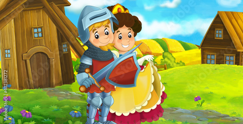 cartoon scene prince and princess on the farm ranch traveling illustration