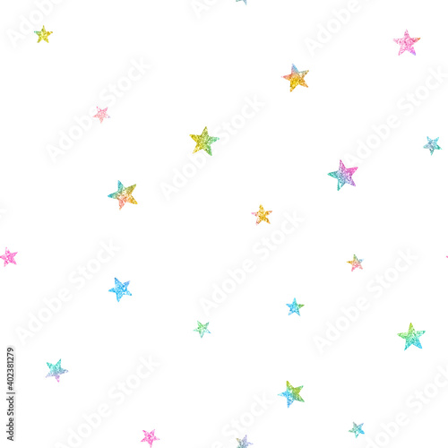 big rainbow glitter stars seamless pattern fun celestial galaxy sky white background