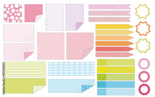 Business and work concept. note books, memo papers, stickers and crips illustration. Set of memo and stationery icons. Vector illustration. メモ紙、ノート、付箋、クリップイラスト、文具類イラスト、カラフル付箋イラスト、お仕事文具類