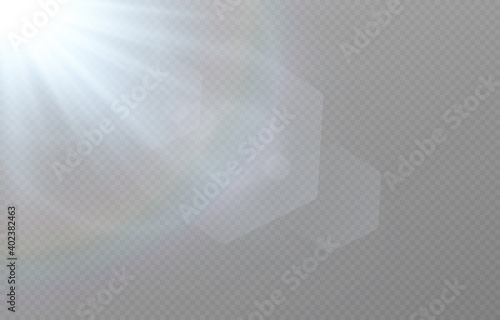 Vector blue light with lens flares. Sun, sun rays, dawn, glare from the sun png. Explosion of blue light. Blue flare png, glare from flare png.
