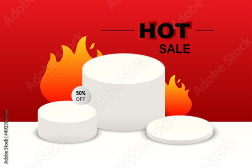 Hot sale concept decorate with fire and displays podium for products presentation, Background for promotion sale