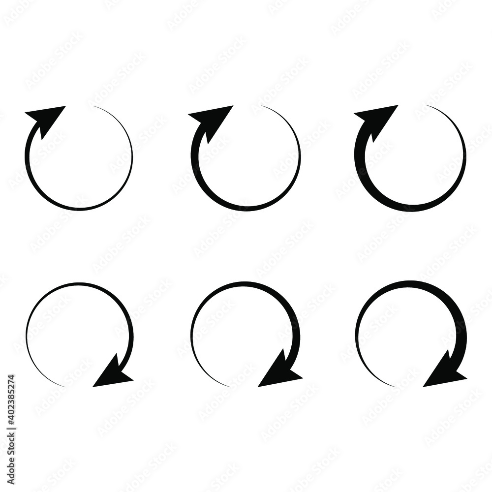 circle icon on top of a blank background. Set of arrows. Refresh, reload, recycle, cycle rotation sign. Round Black Arrow for infographics, web designs. Eps 10