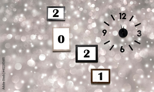 Abstract Happy new year 2021 concept, Clock and number 2021 in frame and light bokeh blurred background and copy space