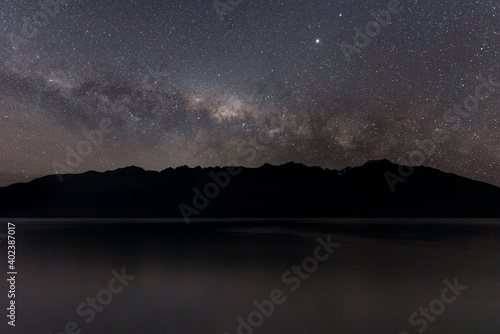 Wonderful night with milky way behind the mountains in Glenorchy, New Zealand, South Island