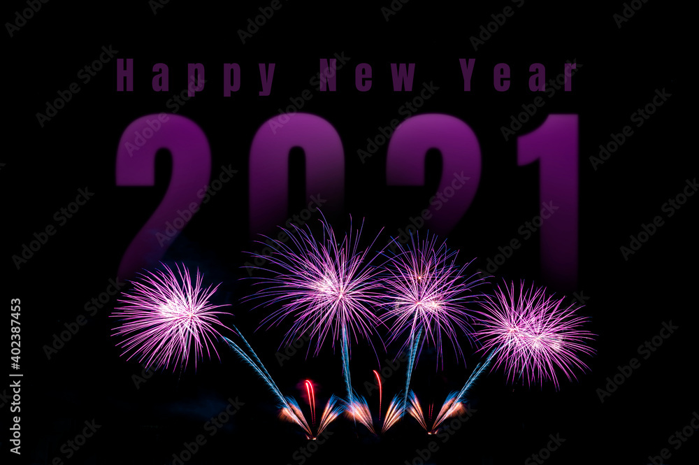 Welcome to celebration with text happy new year 2021 on firework isolated on black isolated background.- New year celebration concept.