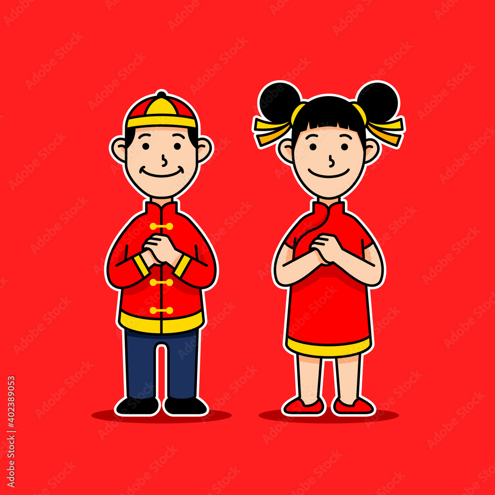 Chinese Boy And Girl Cartoon Character Give Greetings