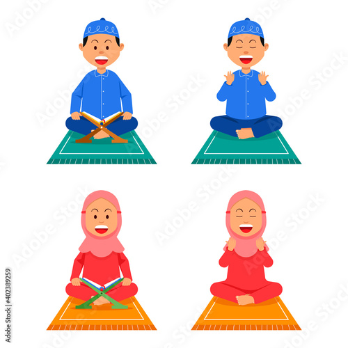 Boy Girl Kids Moslem Pray And Read On Pray Mat
