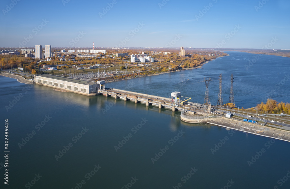 Aerial view of Novosibirsk hydroelectric power plant station on the Ob River.