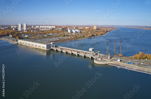 Aerial view of Novosibirsk hydroelectric power plant station on the Ob River.
