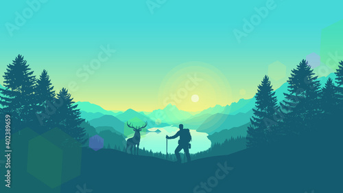 hiker and deer in the mountain