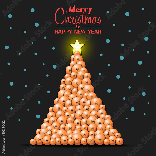 Merry Christmas and Happy New Year. Christmas tree made of ping-pong balls. Snowflakes on the background. Greeting card design template with for new year. Vector illustration