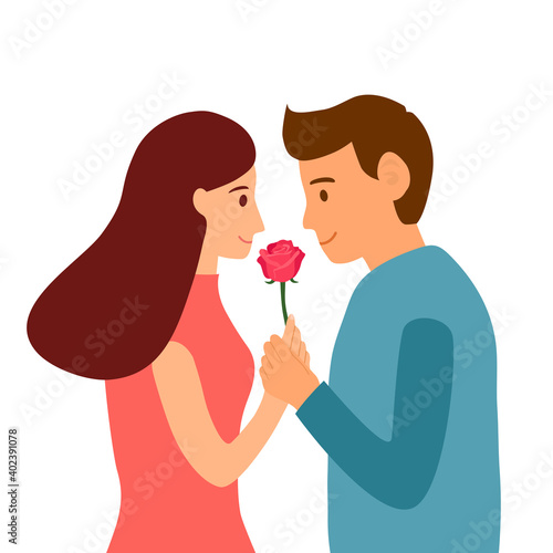 Loving couple holding rose flower of love. Man give rose to his girlfriend in flat design. Design for Valentine’s Day greeting card, poster, banner.