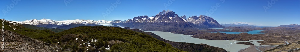 panorama view over patagonian landscape at Torres del Paine