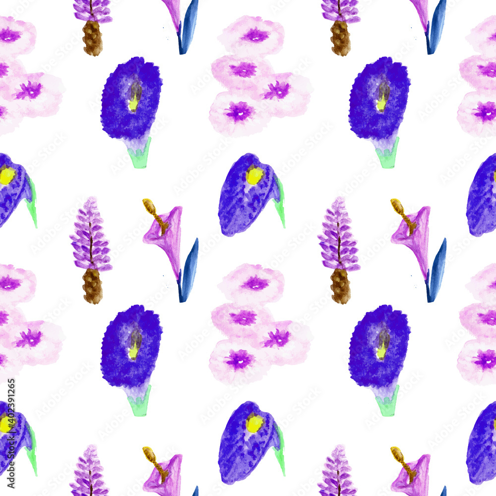 purple flowers pattern watercolor hand painting
