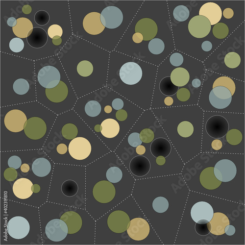 Those lost - Abstract composition of socially distanced singles, couples and nuclear families of circles, with those lost to COVID-19 represented by gradient black circles