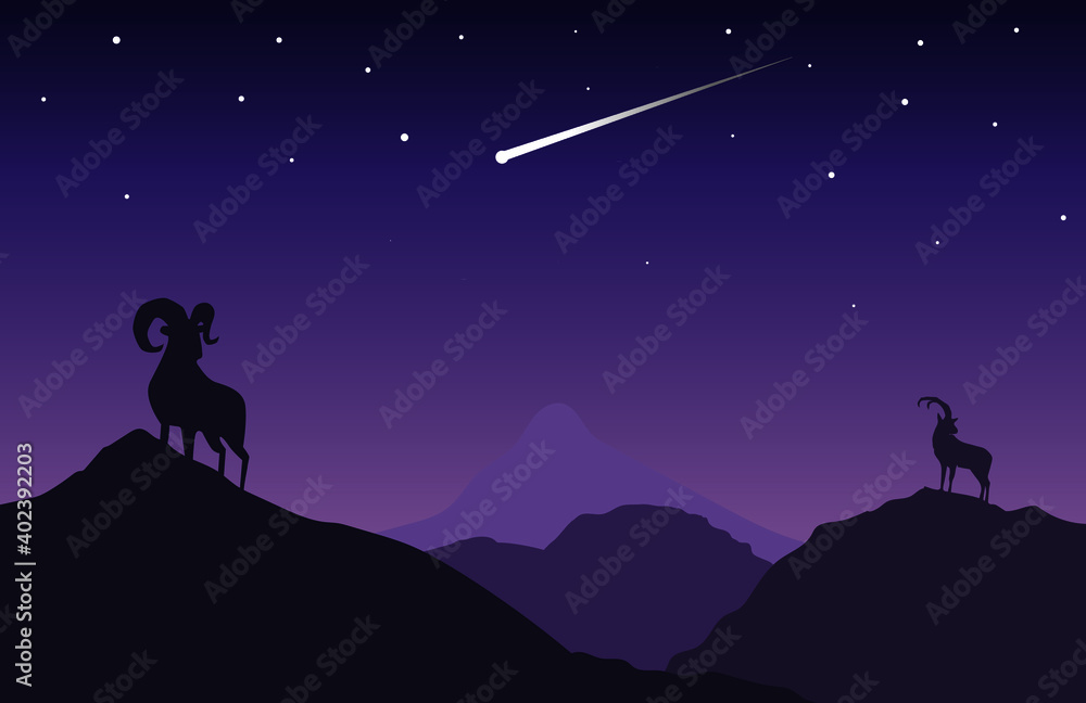 mountain goat in the sparkling night 