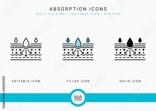 Absorption icons set vector illustration with solid icon line style. Drop water emulsion concept. Editable stroke icon on isolated background for web design, infographic and UI mobile app.