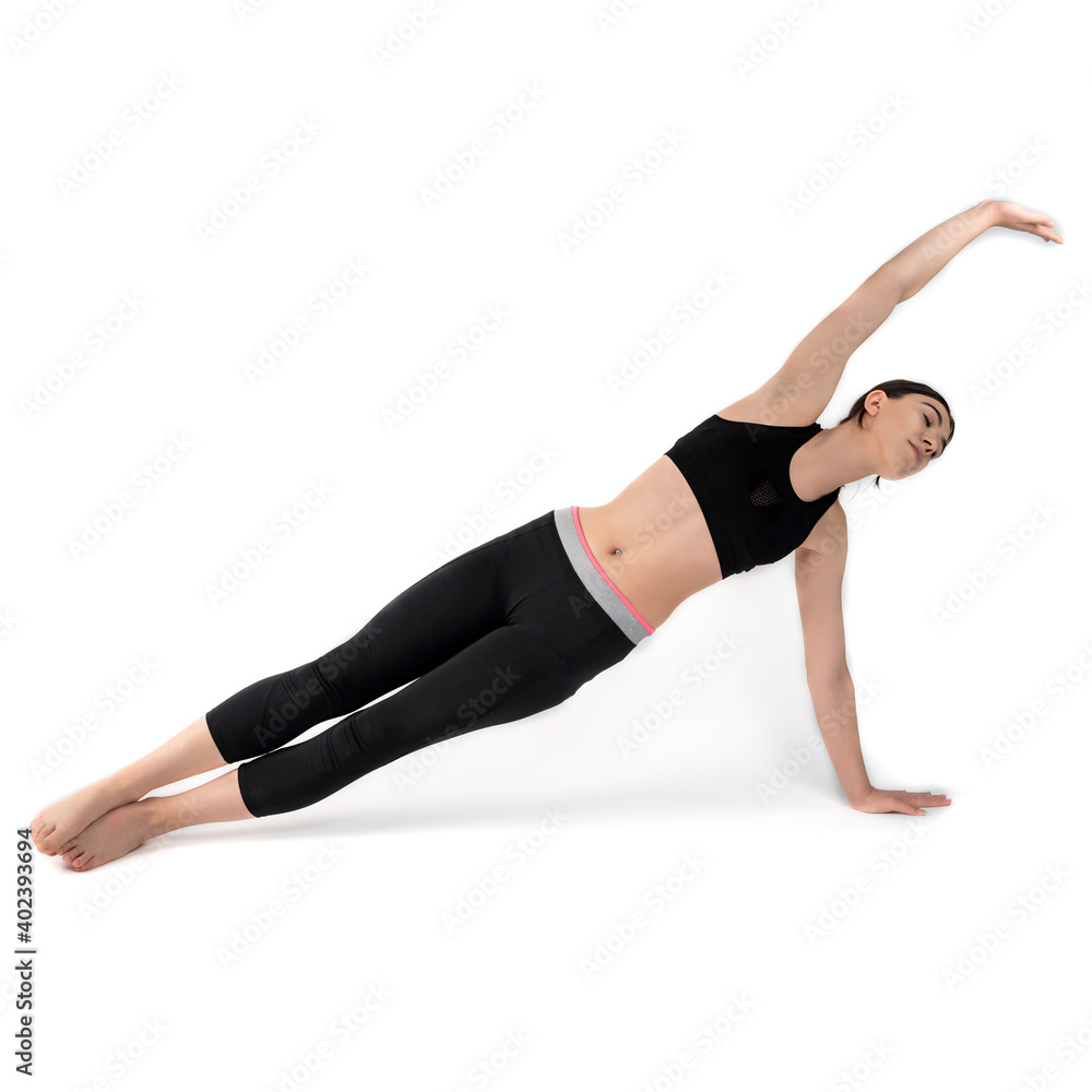 Young woman doing yoga practice isolated on white background. Flexible fit female body. Square shot. High resolution sharp photo.