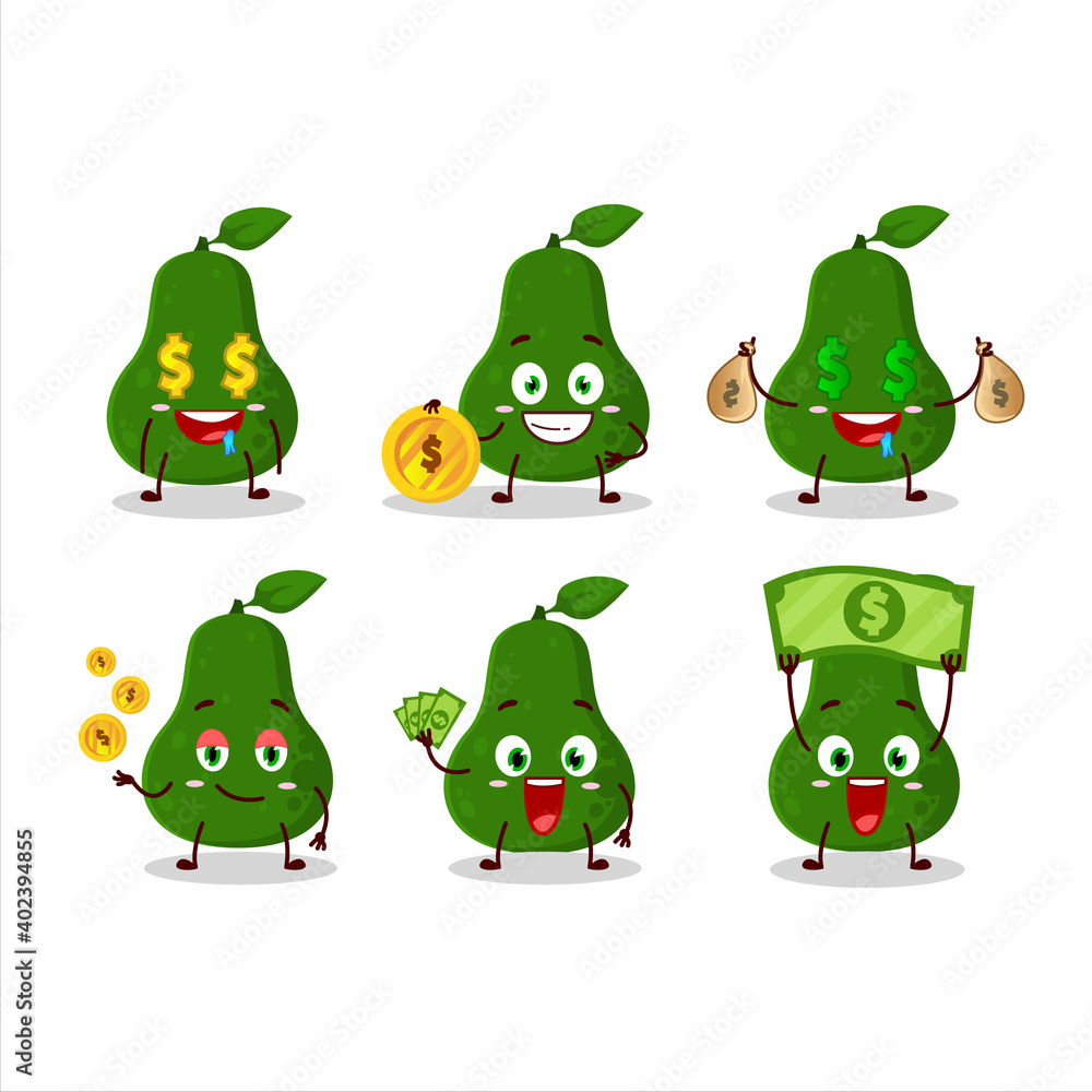 Fototapeta premium Avocado cartoon character with cute emoticon bring money