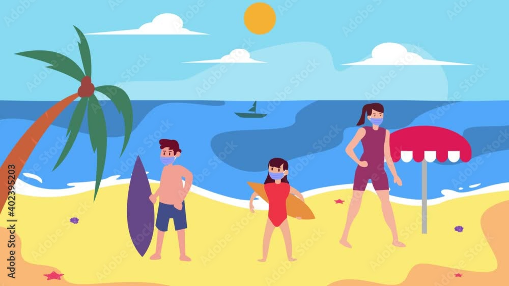 Mother in mask enjoy holiday in beach with children Mother in mask enjoy holiday in beach with children