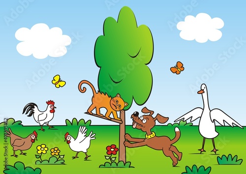 Group of animals in the garden  dog  cat  hen  rooster  goose and butterfly  humorous vector illustration